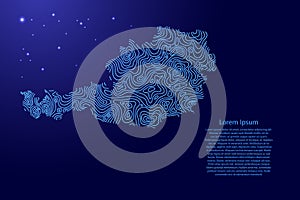 Austria map from blue isolines or level line geographic topographic map grid and glowing space stars. Vector illustration