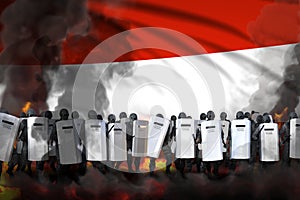 Austria police guards in heavy smoke and fire protecting government against riot - protest fighting concept, military 3D