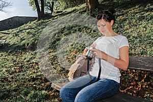 Austria. Salzburg. Young girl tourist in the park