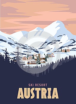 Austria Ski resort poster, retro. Alpes Winter travel card