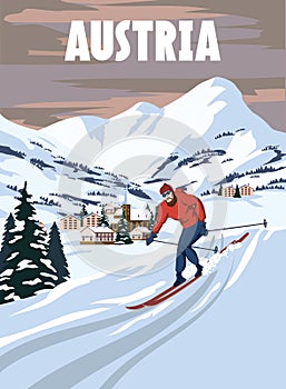 Austria Ski resort poster, retro. Alpes Winter travel card photo