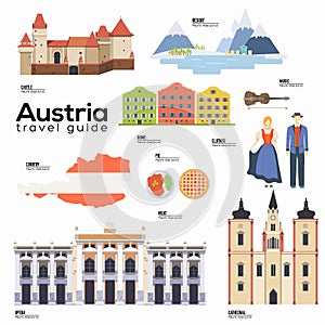 Austria travel guide template. Set of austrian landmarks.