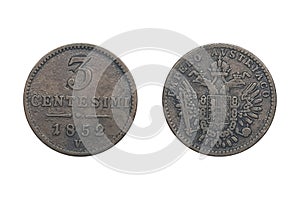 Austria Venice 3 Centesimi 1852V Old Lombardy-Venice 3 centesimi coins 1852