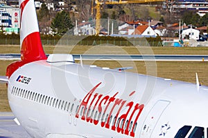 Austrian Airlines plane at Innsbruck Airport, INN, closeup