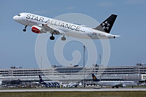 Austrian Airlines Star Alliance plane taking off from runway