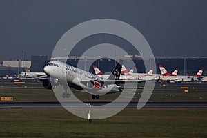 Austrian Airlines Star Alliance plane taking off from Vienna Airport Schwechat VIE