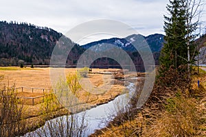 Austrian alps, Green meadows, alpine cottages and mountain peaks