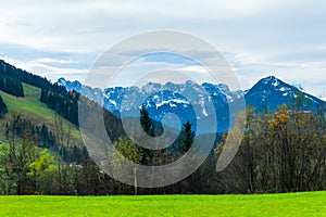 Austrian alps, Green meadows, alpine cottages and mountain peaks