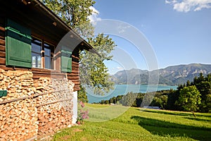 Austrian Alps: View from alpine pasture to lake Attersee, Salzburger Land, Austria