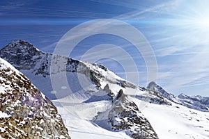 Austrian Alps in winter. Hintertux mountain landscape at Tirol, Top of Europe