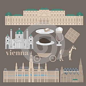 Austrian City sights in Vienna. Austria Landmark Travel And Journey Architecture Elements Stephansdom, Karlskirche, Belvedere pala