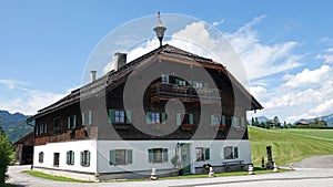 Austrian farmhouse in Abtenau in Lammertal, Austria from above