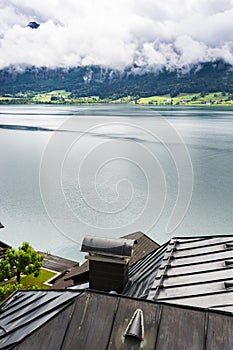 Austrian landscape with boat hangars