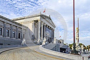 The Austrian Parliament Building and Athena Fountain in Vienna, Austria