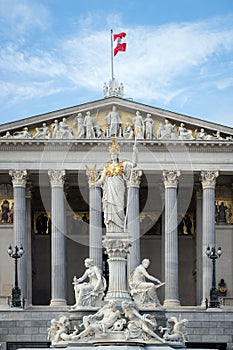 Austrian parliament building with Athena statue and fountain, Vienna, Austria