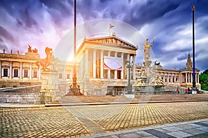 Austrian parliament building with Athena statue on the front in