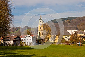 Austrian town Mondsee and The Collegiate Church of St. Michael