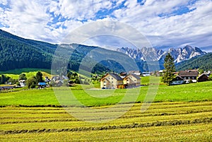 Austrian village among meadows fields and Alpine
