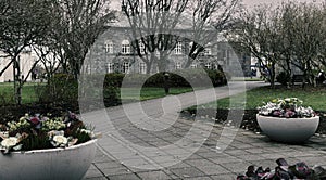 Austurvollur Square in the city of Reykjavik, Iceland. At the end of the walkway is the Icelandic parliament