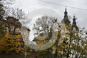 Autemn view to Carmelite Church or Michael the Archangel church in Lviv, Ukraine. Oktober 2021