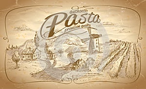 Autentic pasta label with rural landscape backdrop