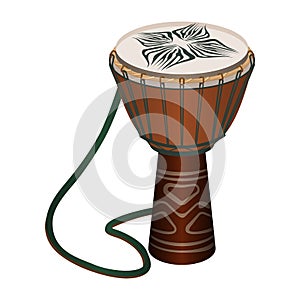 Authentic African wooden djembe with patterns and long rope