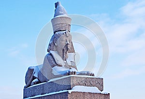 Authentic antique Egyptian sphynx on quay of the Neva river