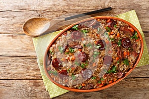 Authentic Arroz de pato duck rice is a traditional recipe from Portugal cooked with red wine, onion, carrot and chorizo close up photo