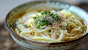 Authentic Asian Gourmet Noodles in Ceramic Bowl Garnished with Green Onions and Sesame Seeds on Rustic Wooden Table Background