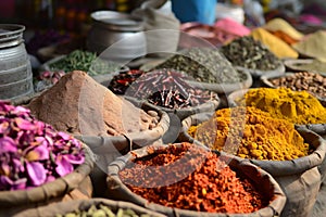 Authentic Bags with colourful spice, tea and herbs in market in India. Asian or mexican food banners, advertisement