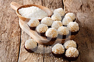 Authentic brazilian sweets beijinhos with condensed milk and coconut close-up. horizontal