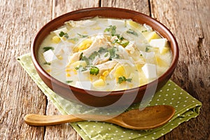 Authentic Chupe Andino soup made from chicken, corn, fresh cheese, vegetables and cream close-up in a bowl. horizontal photo