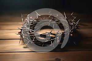 An authentic crown of thorns on a wooden background Easter Theme. Generative AI