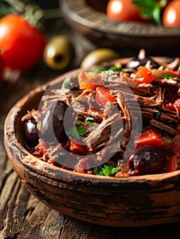 Authentic Cuban ropa vieja, a traditional shredded beef dish simmered with tomatoes, olives, and fragrant spices photo