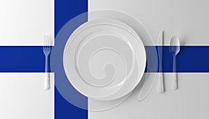 Authentic Cuisine of Finnland. Plate with finnish Flag and Cutlery. 3d illustration.