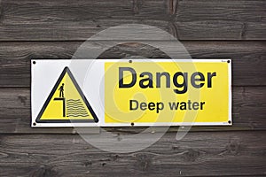 Authentic danger deep water sign with icon in warning triangle