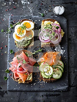 Authentic Danish smorrebrod, a selection of open-faced sandwiches with various savory toppings, elegantly presented on a photo