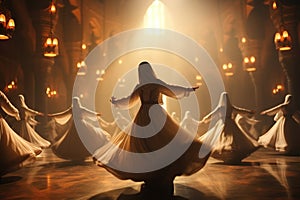 Authentic dervishes dancers performing in ancient Muslim palace. Generative AI photo