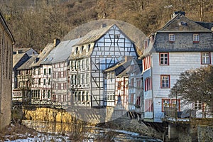 Authentic Fachwerk buildings Monschau in winter