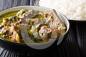 Authentic Ghormeh Sabzi dish of lamb stew meat with herbs and beans close-up in a bowl and rice. horizontal
