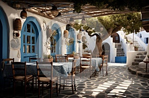 Authentic Greek tavern near sea. Generate Ai