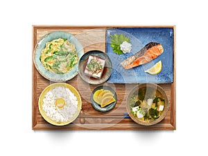 Authentic Healthy Japanese Set Meal with Salted Salmon Main Dish on White Background