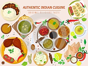 Authentic indian food, original delicious taste banner, flat vector illustration. Spicy asian foodstuff, piquant flavor