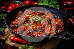 Authentic and irresistibly delicious south korean dakgalbi spicy stir-fried chicken dish photo