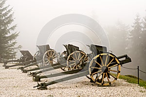 Authentic Italian cannon on a white foggy background