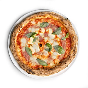 Italian Pizza Margherita, Top View, Isolated on White Background - Tomato sauce, Mozzarella, Oil and Basil Leaves