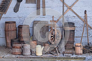 Authentic kitchenware in the house of a poor peasant in the rustic style. Installation in museums
