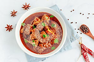 Lamb Curry / Lamb Vindaloo in a Bowl on White Background with Scattered Raw Spices photo