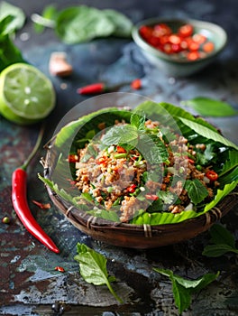 Authentic Laotian larb, a spicy and refreshing minced meat salad with a vibrant blend of lime and herbs, beautifully photo