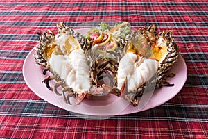Authentic large thai river prawn grilled on plate